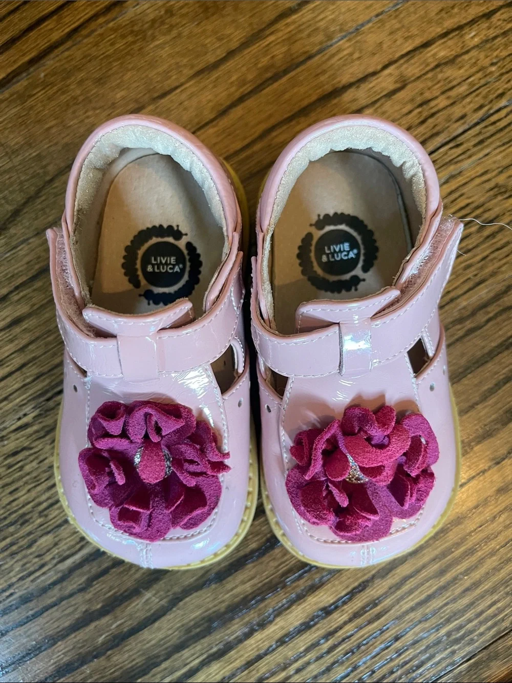 Livie & Luca Pink Patent Mary Janes with Magenta Felt Flowers